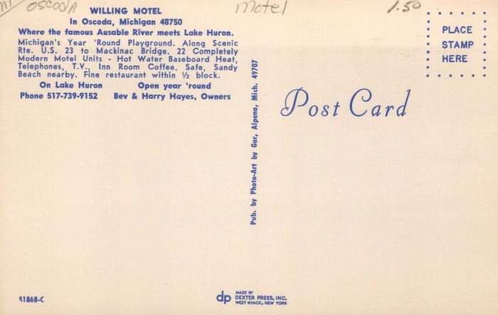 Aspen Motor Inn (Willing Motel) - Postcard Back (newer photo)